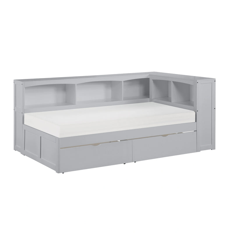 Orion-(4) Twin Bookcase Corner Platform Bed with Storage Boxes image