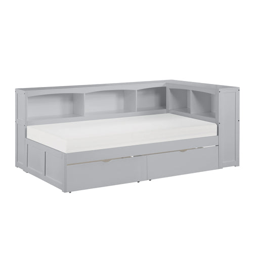 Orion-(4) Twin Bookcase Corner Platform Bed with Storage Boxes image